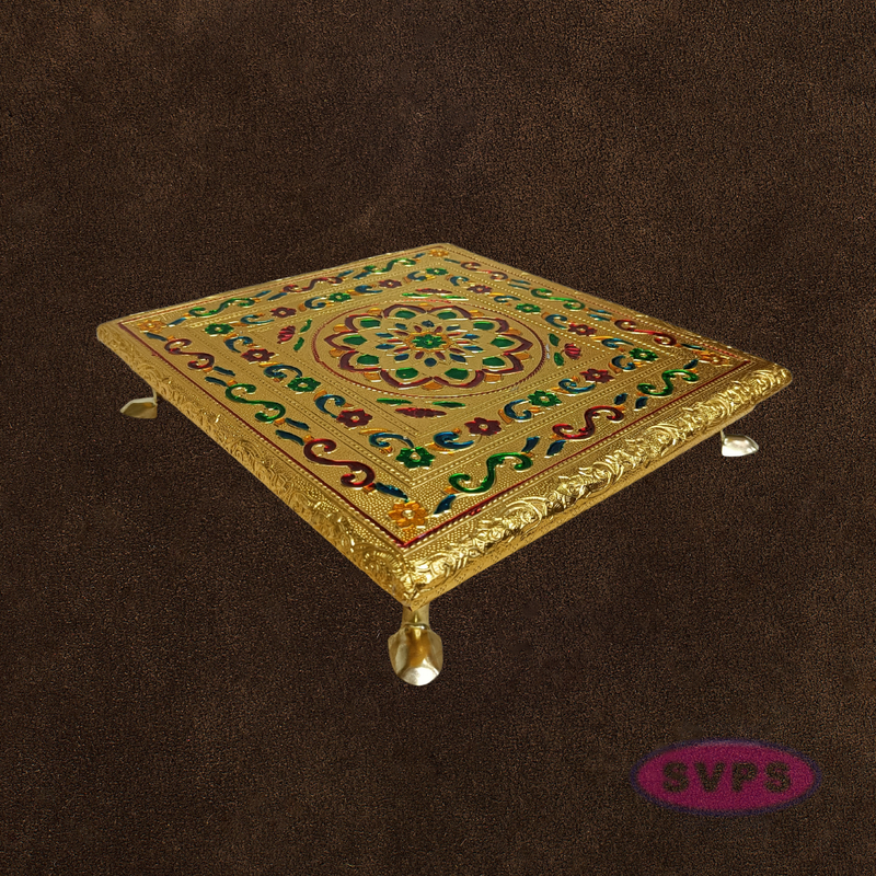 Decorative Gold Pooja Manai with Stone Kolam Pattern – Puja Chowki for Home Temple