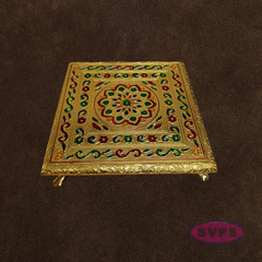 Decorative Gold Pooja Manai with Stone Kolam Pattern – Puja Chowki for Home Temple