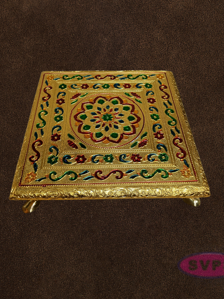 Decorative Gold Pooja Manai with Stone Kolam Pattern – Puja Chowki for Home Temple