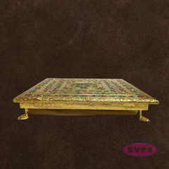 Decorative Gold Pooja Manai with Stone Kolam Pattern – Puja Chowki for Home Temple