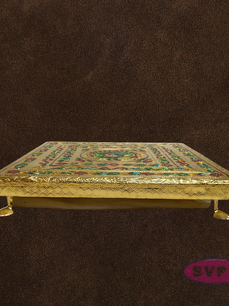 Decorative Gold Pooja Manai with Stone Kolam Pattern – Puja Chowki for Home Temple