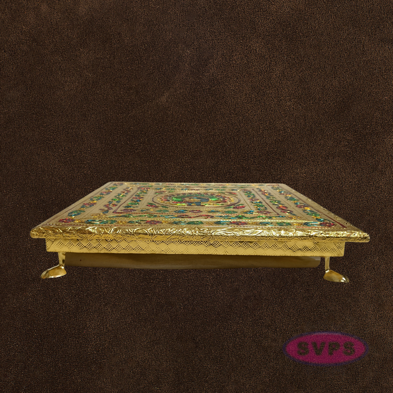 Decorative Gold Pooja Manai with Stone Kolam Pattern – Puja Chowki for Home Temple