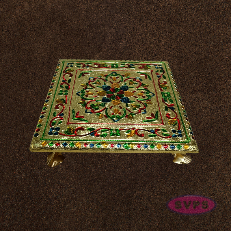 Kolam Design Pooja Chowki – Gold Finish Manai for Mandir & Idol Placement