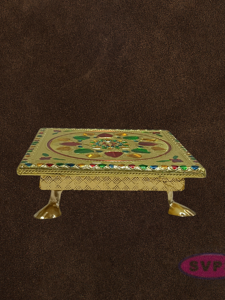 Gold Color Decorative Pooja Manai with Kolam Design – Traditional Chowki for God Idols