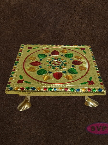 Gold Color Decorative Pooja Manai with Kolam Design – Traditional Chowki for God Idols
