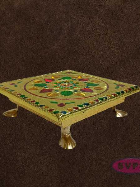 Gold Color Decorative Pooja Manai with Kolam Design – Traditional Chowki for God Idols