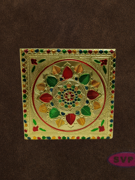 Gold Color Decorative Pooja Manai with Kolam Design – Traditional Chowki for God Idols