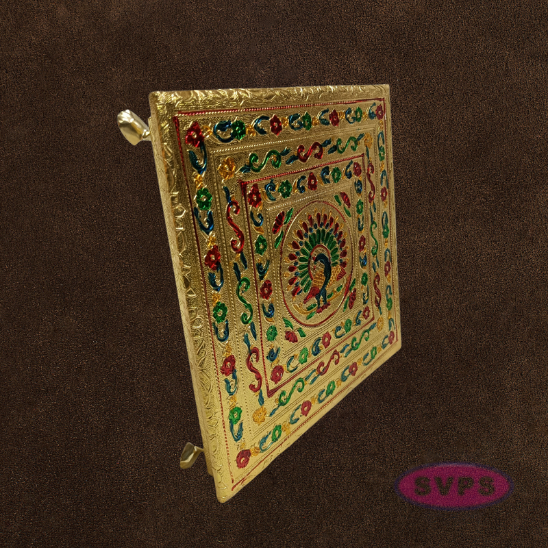Gold Finish Peacock Design Pooja Manai – Decorative Mandir Chowki for God Idol