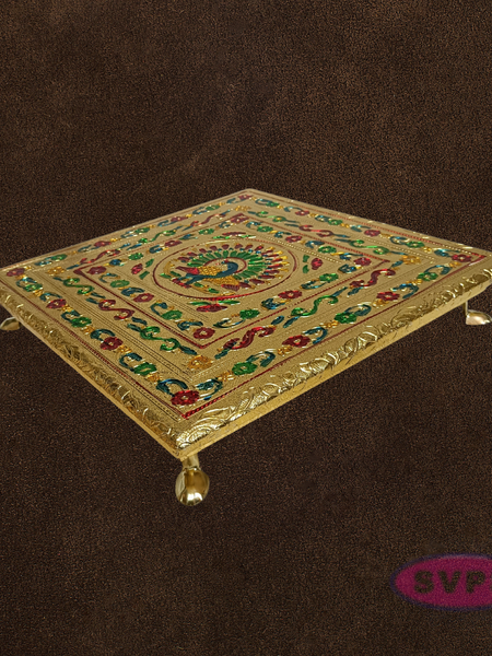 Gold Finish Peacock Design Pooja Manai – Decorative Mandir Chowki for God Idol