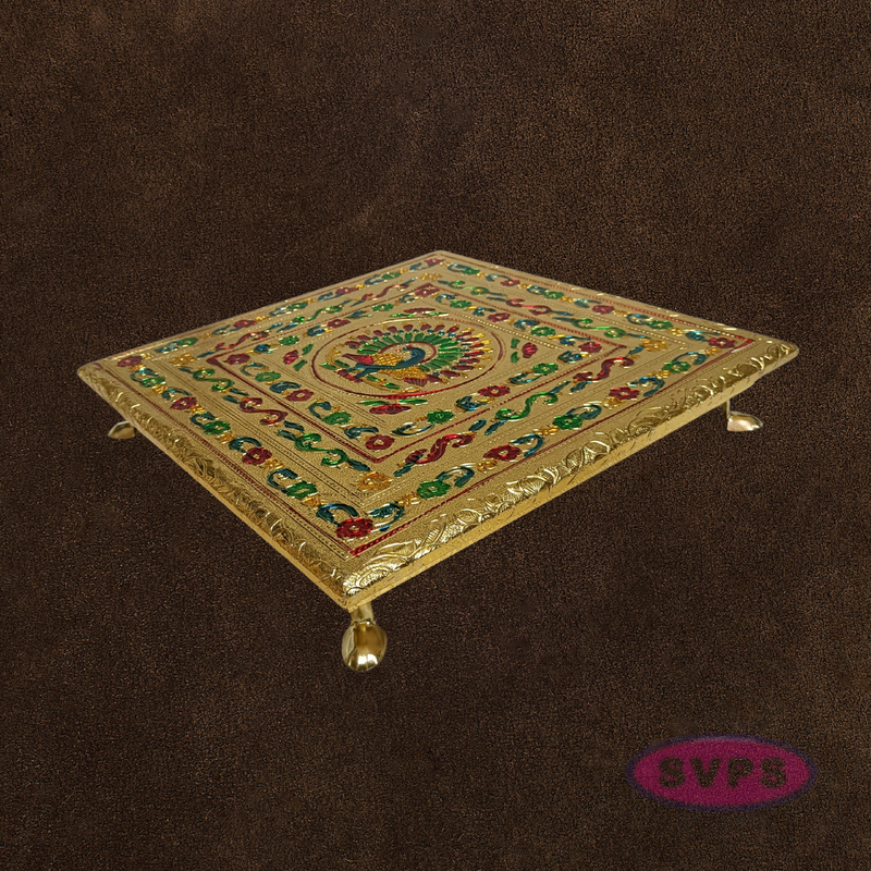 Gold Finish Peacock Design Pooja Manai – Decorative Mandir Chowki for God Idol