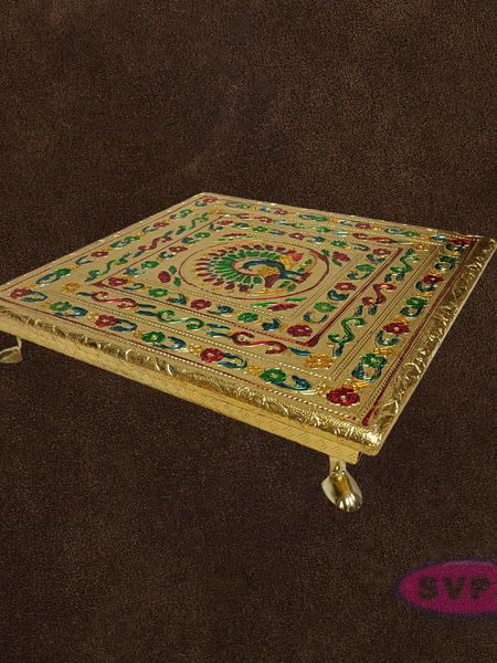 Gold Finish Peacock Design Pooja Manai – Decorative Mandir Chowki for God Idol