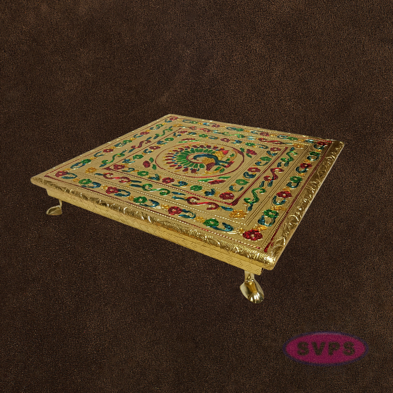 Gold Finish Peacock Design Pooja Manai – Decorative Mandir Chowki for God Idol