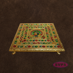 Gold Finish Peacock Design Pooja Manai – Decorative Mandir Chowki for God Idol