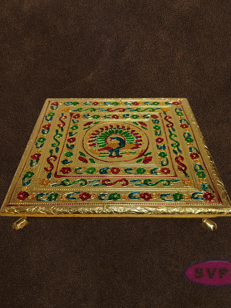 Gold Finish Peacock Design Pooja Manai – Decorative Mandir Chowki for God Idol