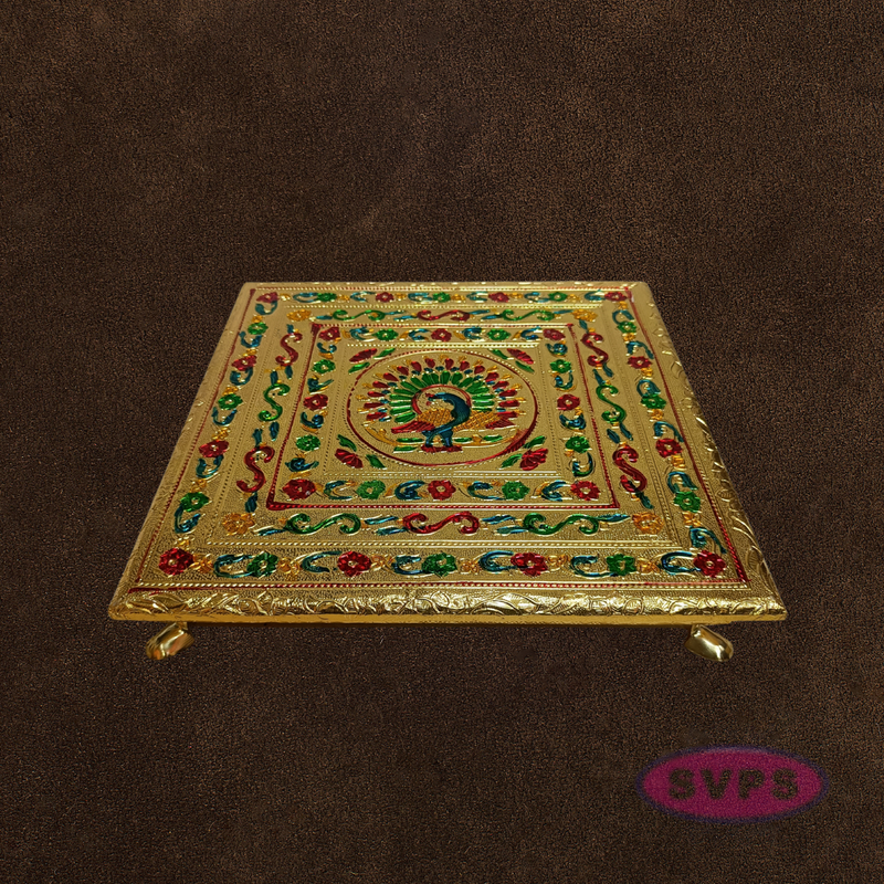 Gold Finish Peacock Design Pooja Manai – Decorative Mandir Chowki for God Idol
