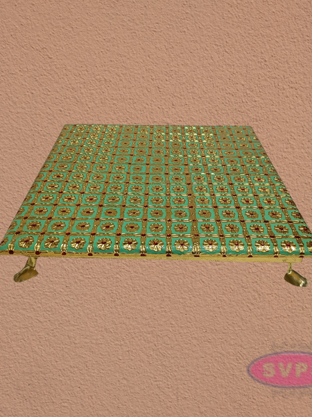 Green Floral Design Pooja Manai – Decorative Gold Finish Mandir Chowki for God Idols