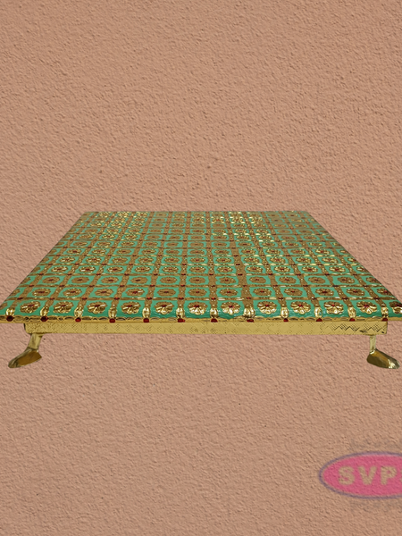 Green Floral Design Pooja Manai – Decorative Gold Finish Mandir Chowki for God Idols