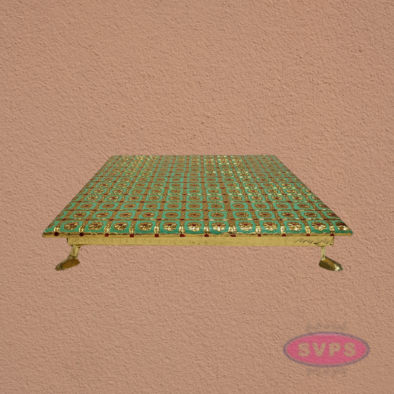 Green Floral Design Pooja Manai – Decorative Gold Finish Mandir Chowki for God Idols