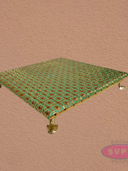 Green Floral Design Pooja Manai – Decorative Gold Finish Mandir Chowki for God Idols