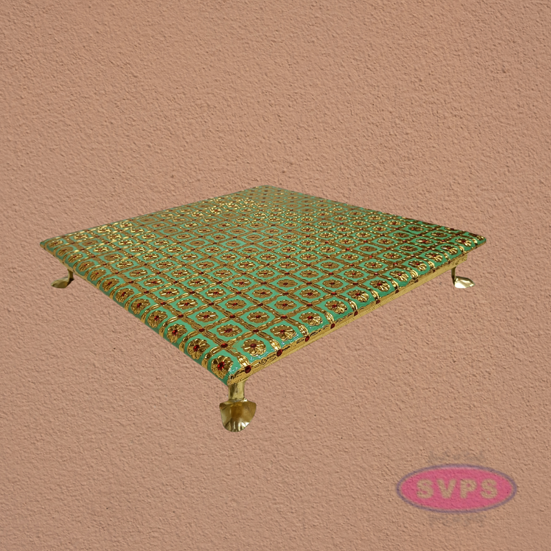 Green Floral Design Pooja Manai – Decorative Gold Finish Mandir Chowki for God Idols