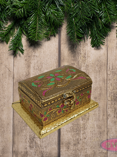 Gold Finish Floral Embossed Metal Trinket Box – Elegant Jewelry Organizer