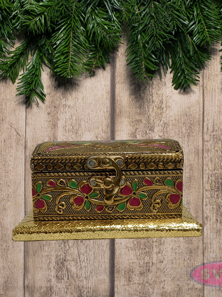 Gold Finish Floral Embossed Metal Trinket Box – Elegant Jewelry Organizer