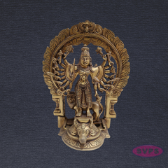 Brass Goddess Kali Ashta Bhuja Idol with Prabhavali & Lion