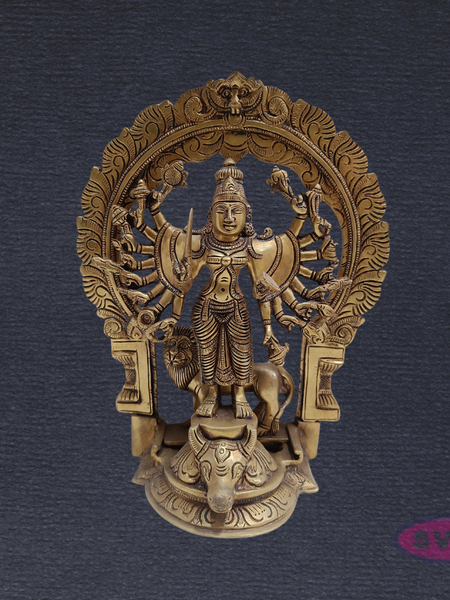 Brass Goddess Kali Ashta Bhuja Idol with Prabhavali & Lion