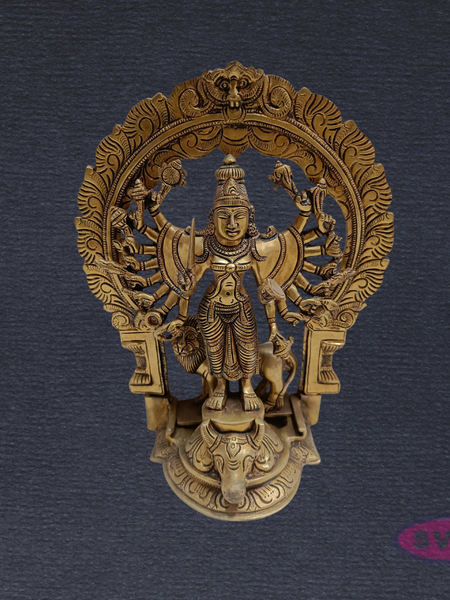Brass Goddess Kali Ashta Bhuja Idol with Prabhavali & Lion