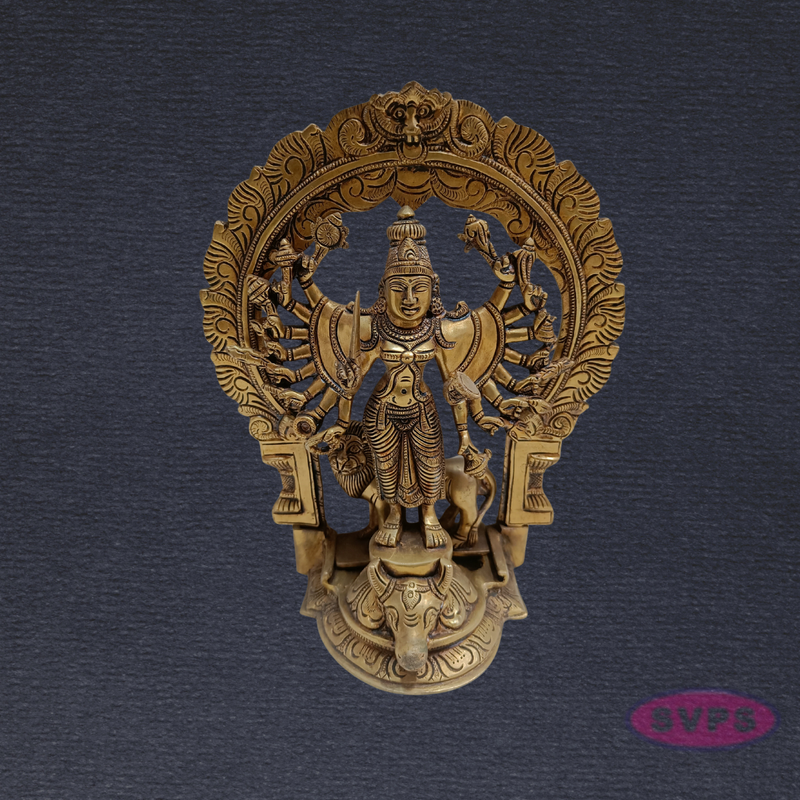Brass Goddess Kali Ashta Bhuja Idol with Prabhavali & Lion