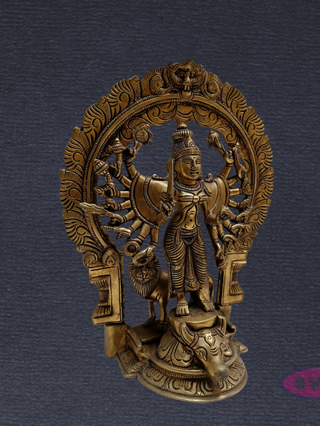 Brass Goddess Kali Ashta Bhuja Idol with Prabhavali & Lion