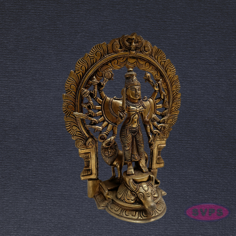 Brass Goddess Kali Ashta Bhuja Idol with Prabhavali & Lion