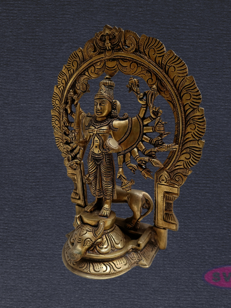 Brass Goddess Kali Ashta Bhuja Idol with Prabhavali & Lion