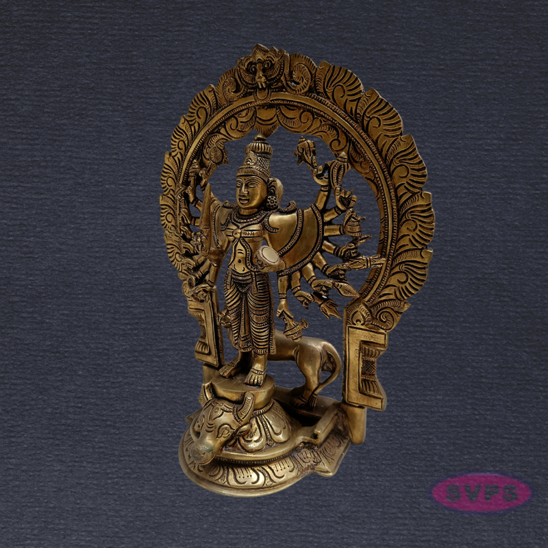 Brass Goddess Kali Ashta Bhuja Idol with Prabhavali & Lion