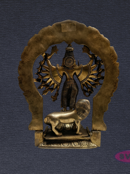 Brass Goddess Kali Ashta Bhuja Idol with Prabhavali & Lion