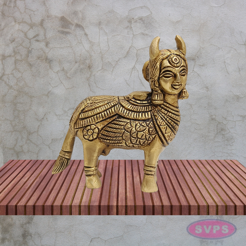 Kamadhenu Cow Brass Idol 4 Inch Ornate Carved Gomata Statue