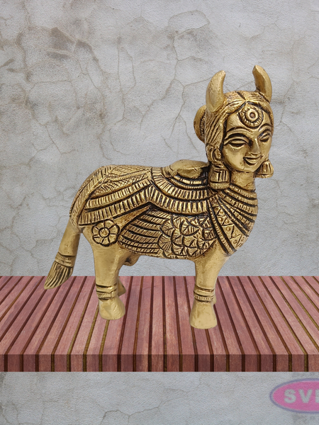 Kamadhenu Cow Brass Idol 4 Inch Ornate Carved Gomata Statue