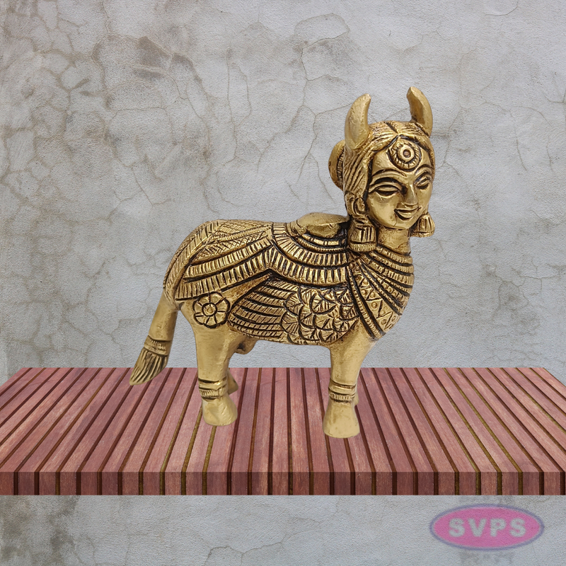 Kamadhenu Cow Brass Idol 4 Inch Ornate Carved Gomata Statue