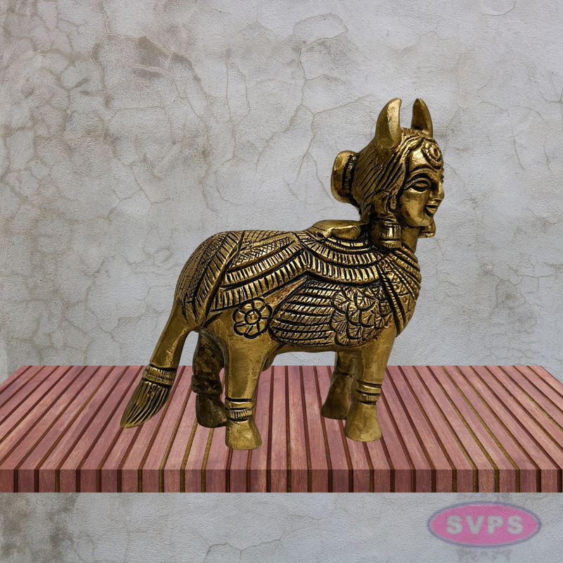 Kamadhenu Cow Brass Idol 4 Inch Ornate Carved Gomata Statue