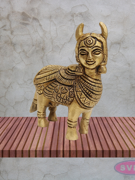 Kamadhenu Cow Brass Idol 4 Inch Ornate Carved Gomata Statue
