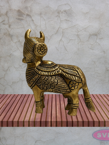 Kamadhenu Cow Brass Idol 4 Inch Ornate Carved Gomata Statue