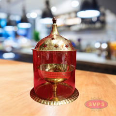 Brass Deepam Oil Lamp with Glass Cover and Decorative Dome Lid – Traditional Pooja Vilakku