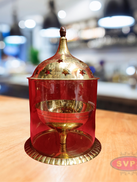 Brass Deepam Oil Lamp with Glass Cover and Decorative Dome Lid – Traditional Pooja Vilakku
