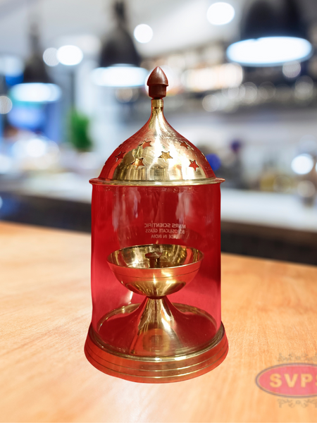 Brass Deepam Oil Lamp with Glass Cover and Decorative Dome Lid – Traditional Pooja Vilakku
