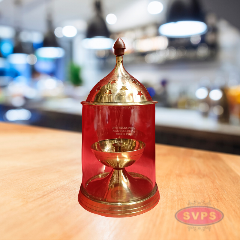 Brass Deepam Oil Lamp with Glass Cover and Decorative Dome Lid – Traditional Pooja Vilakku