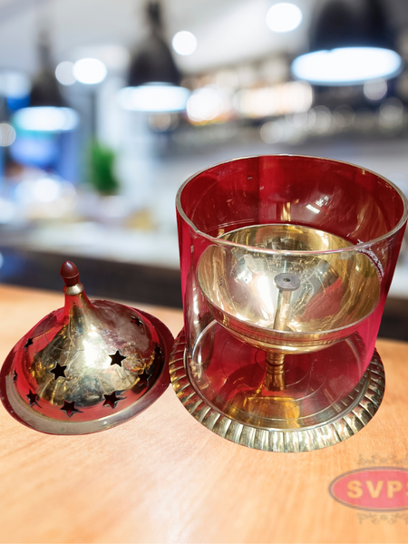 Brass Deepam Oil Lamp with Glass Cover and Decorative Dome Lid – Traditional Pooja Vilakku