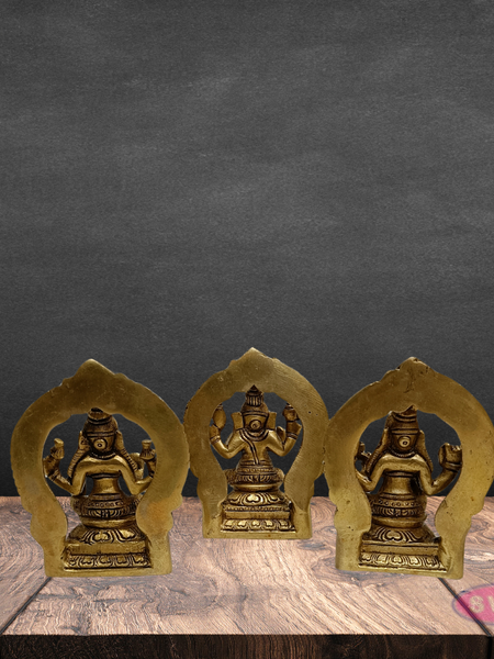 Brass Lakshmi Ganesha Saraswati Idol Set with Prabhavali Arch