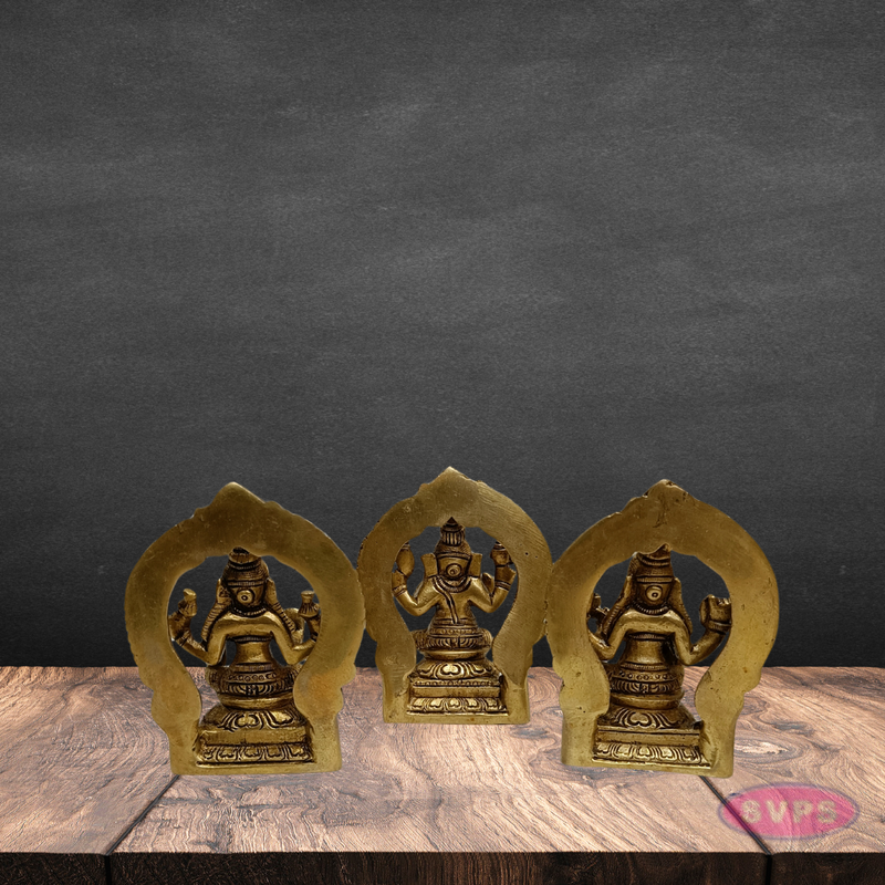 Brass Lakshmi Ganesha Saraswati Idol Set with Prabhavali Arch