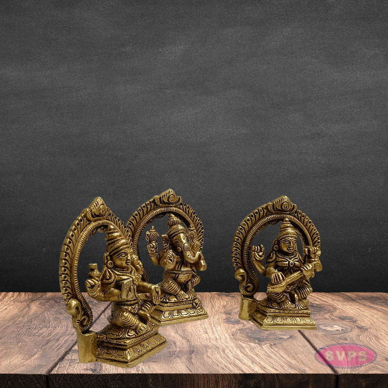 Brass Lakshmi Ganesha Saraswati Idol Set with Prabhavali Arch