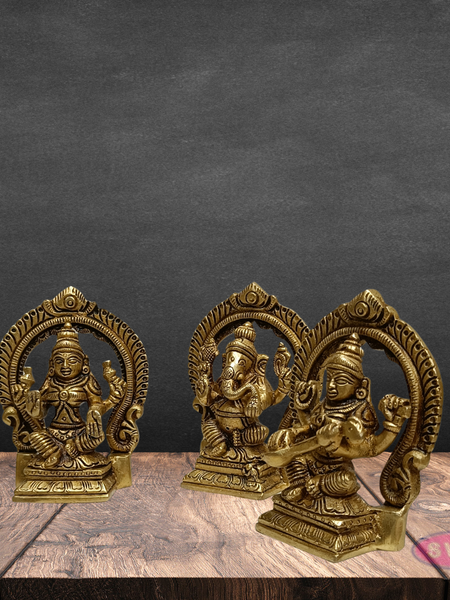Brass Lakshmi Ganesha Saraswati Idol Set with Prabhavali Arch